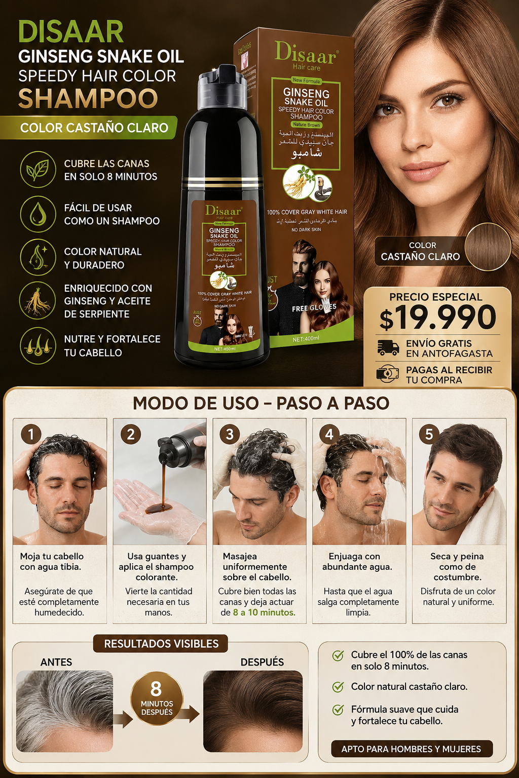 Shampoo pinta Canas Disaar color Castaño claro con Ingredientes naturales