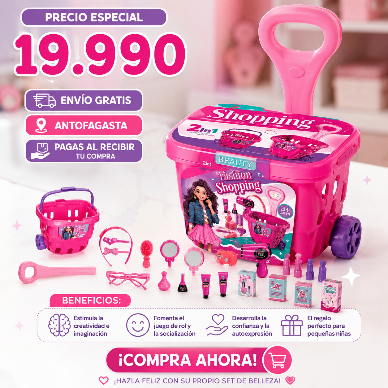 Set de Belleza Infantil 2 en 1 con Carrito y Canasto