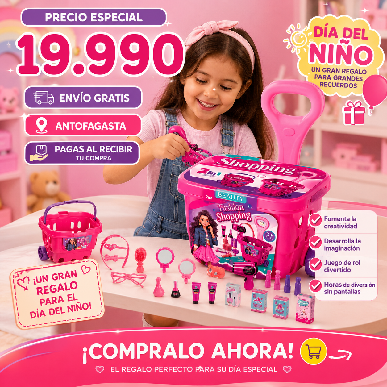 Set de Belleza Infantil 2 en 1 con Carrito y Canasto