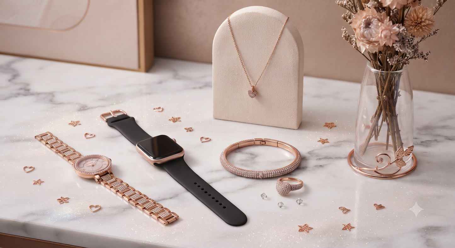 Set de Reloj Mujer Accesorios Elegantes – Pulsera Collar y Anillo