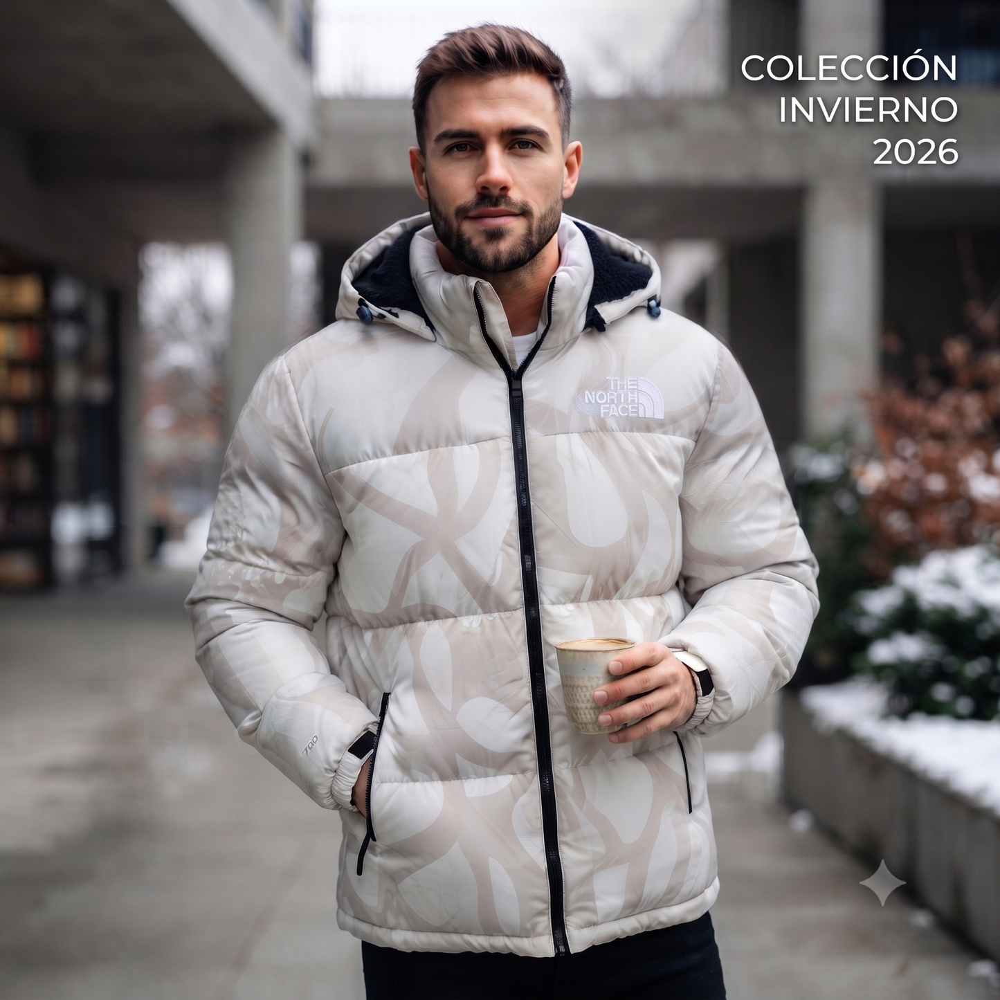 CHAQUETA ACOLCHADA CON CAPUCHA – Diseño Blanco Abstracto