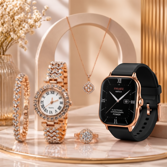 Set de Reloj Mujer Accesorios Elegantes – Pulsera Collar y Anillo